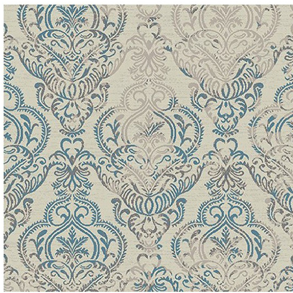 5' X 8' Ivory Blue and Gray Damask Distressed Area Rug