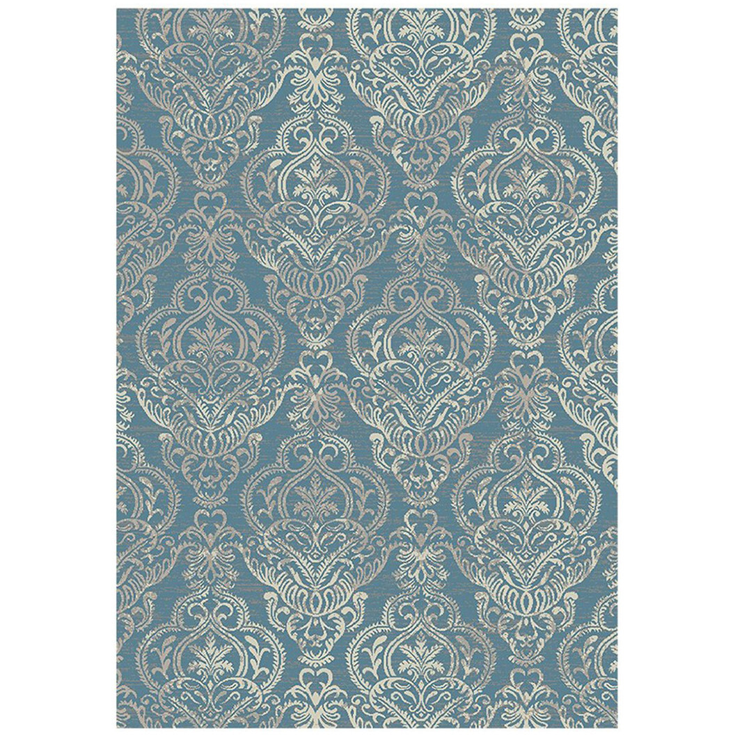 5' X 8' Blue and Beige Damask Distressed Area Rug