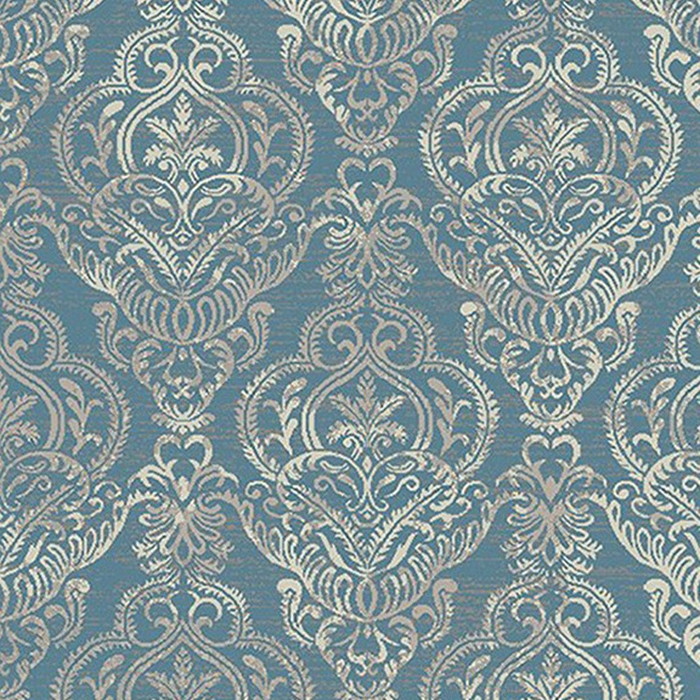 5' X 8' Blue and Beige Damask Distressed Area Rug