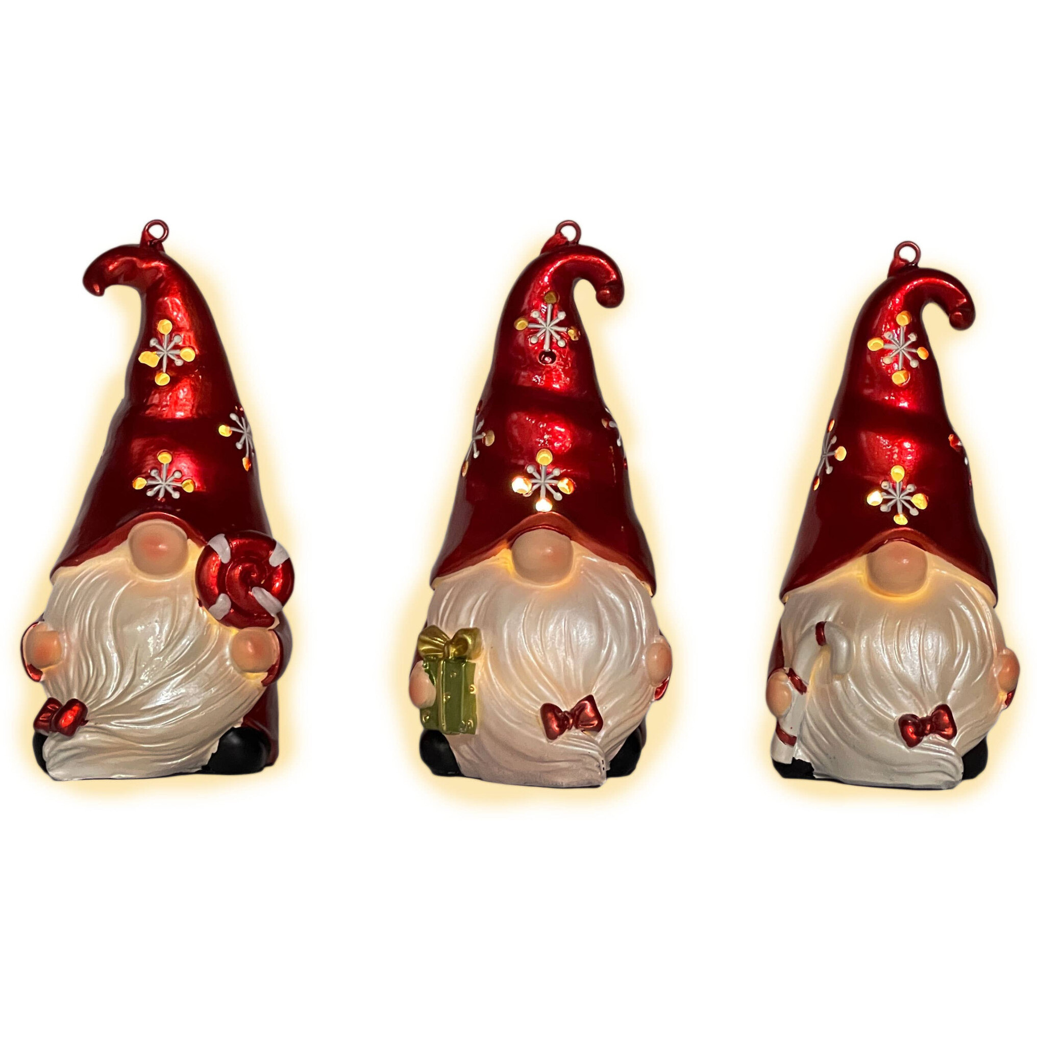 Set of Three Red and White Santa Gnome LED Light Up Christmas Ornaments