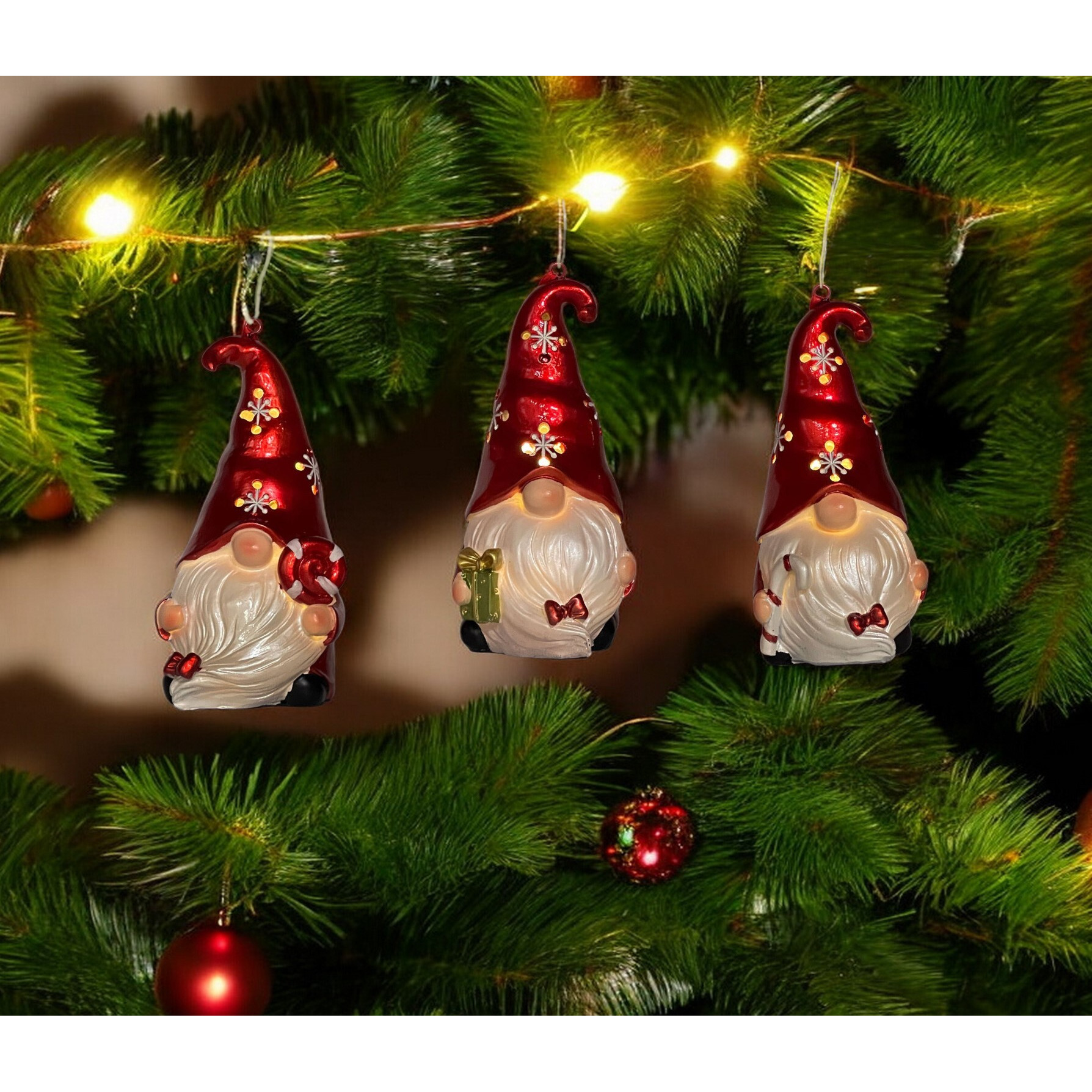 Set of Three Red and White Santa Gnome LED Light Up Christmas Ornaments