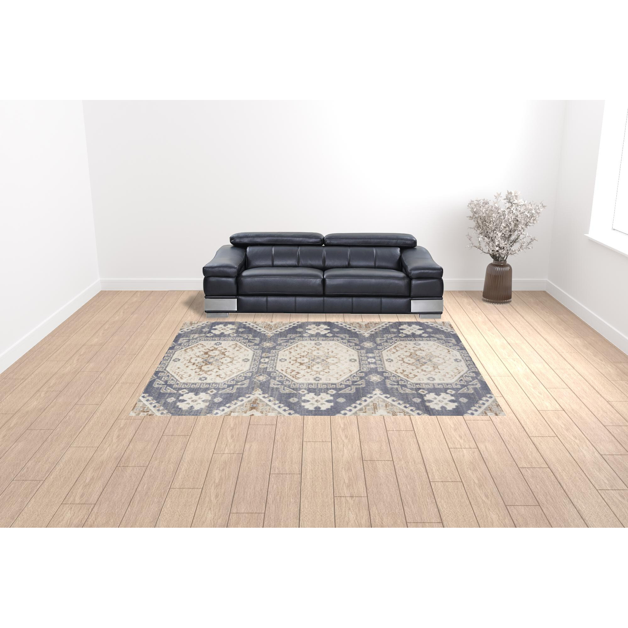 9' X 12' Blue Geometric Distressed Area Rug