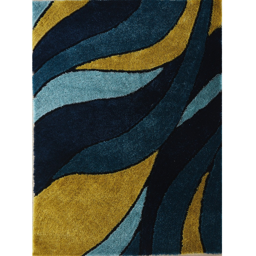 2' X 3' Blue and Yellow Shag Hand Tufted Area Rug