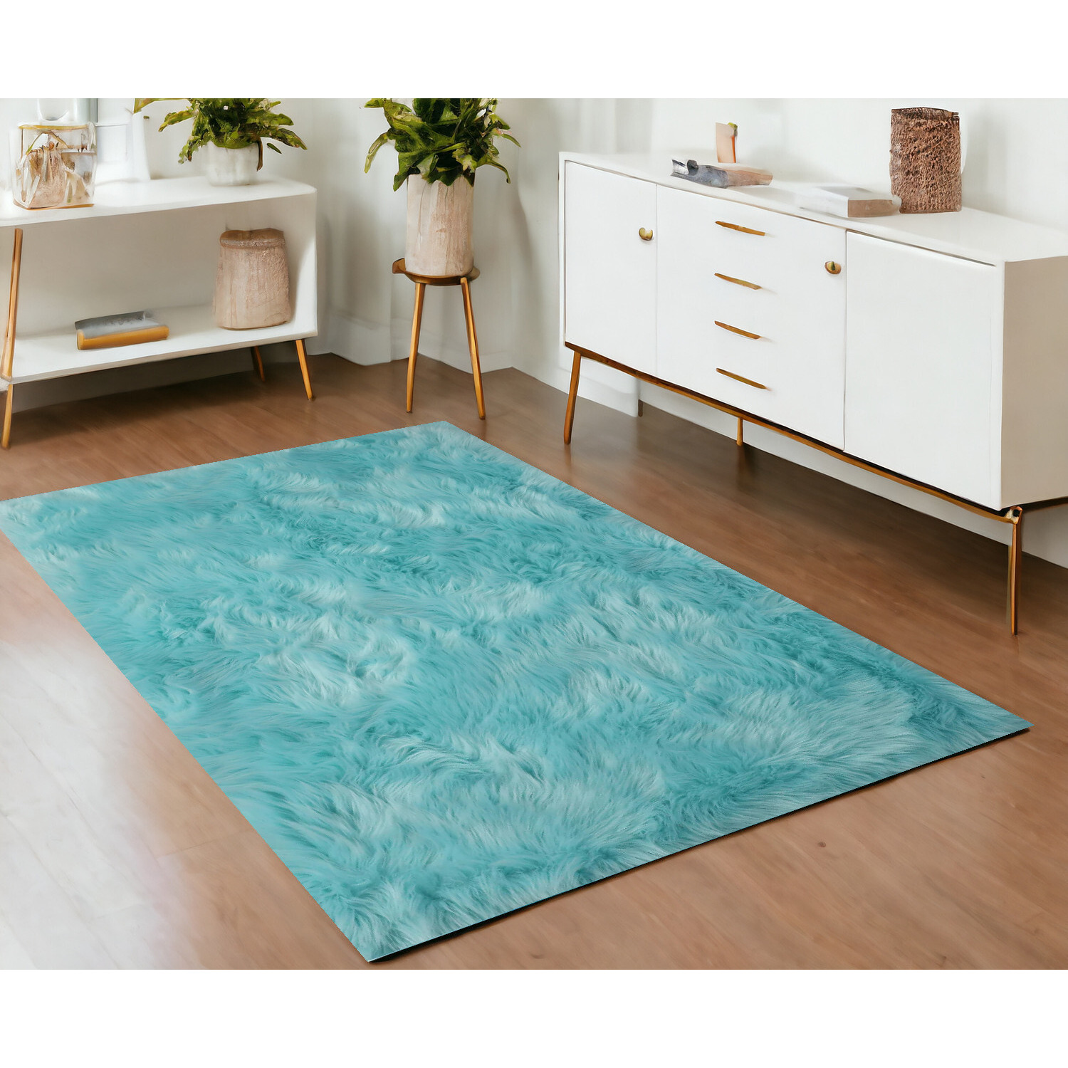 4' X 6' Turquoise Faux Sheepskin Shag Washable Area Rug