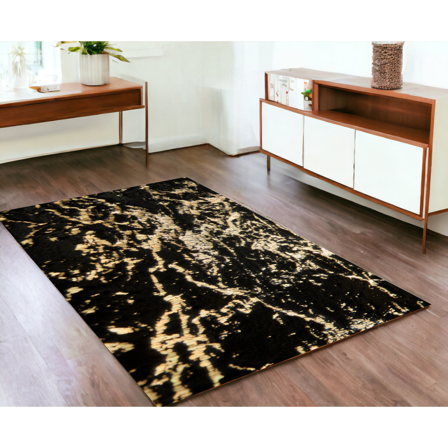 4' X 6' Black and Gold Faux Fur Abstract Shag Non Skid Area Rug