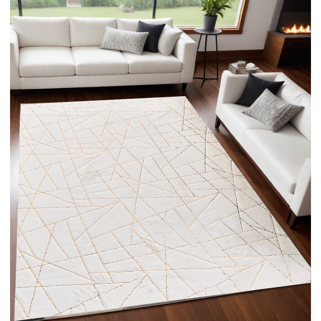 5' X 7' White and Gold Faux Fur Abstract Shag Non Skid Area Rug