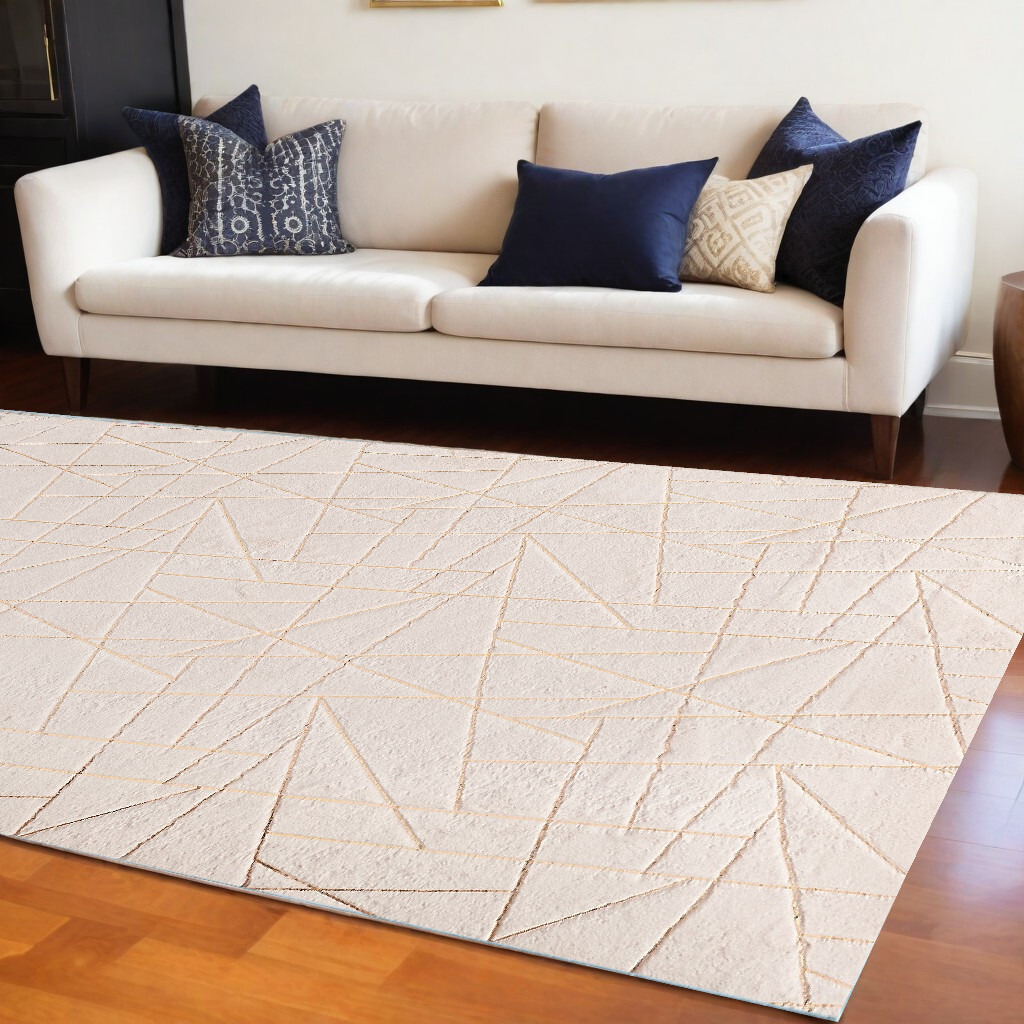 8' X 11' Beige and Gold Faux Fur Abstract Shag Non Skid Area Rug