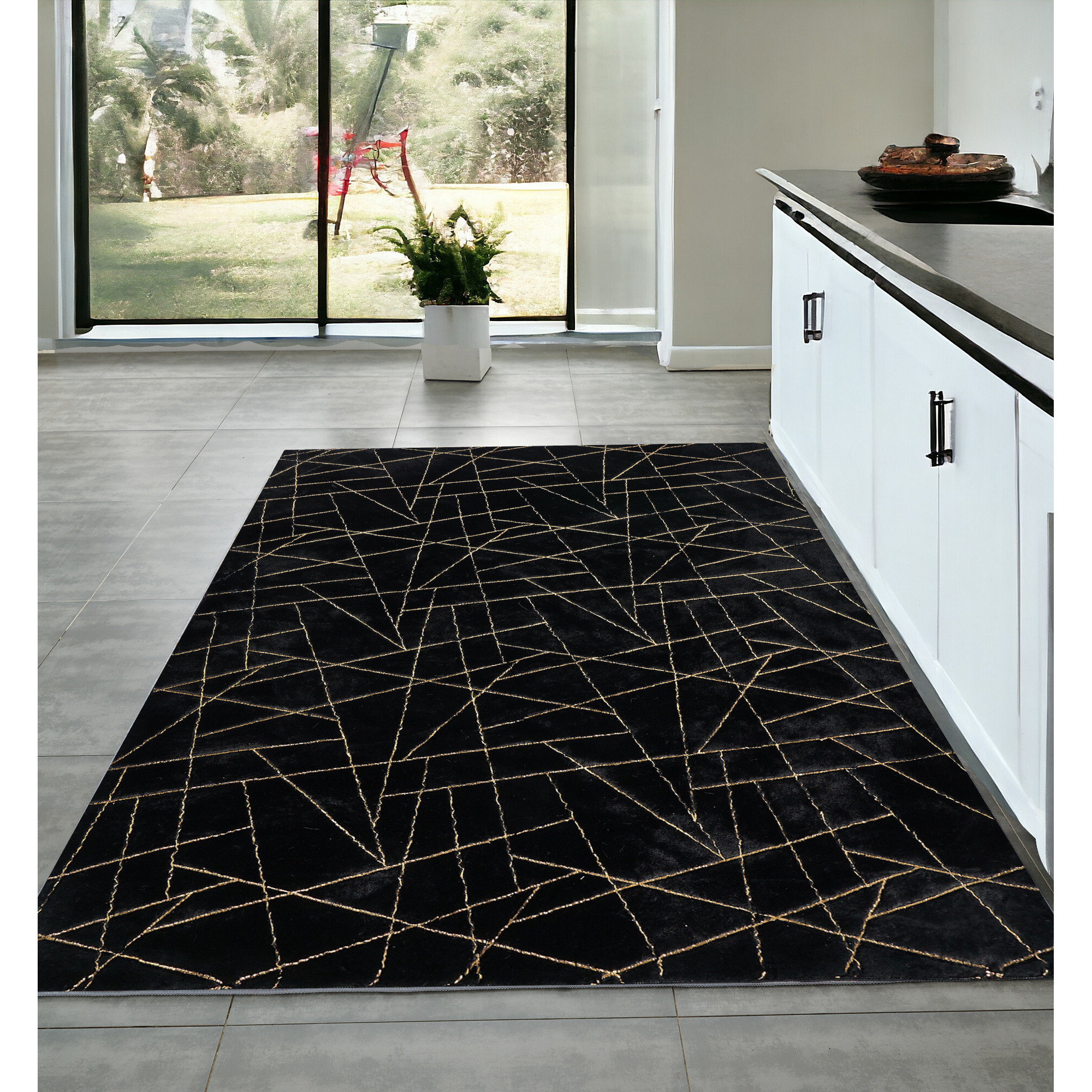 4' X 6' Black and Gold Faux Fur Abstract Shag Non Skid Area Rug