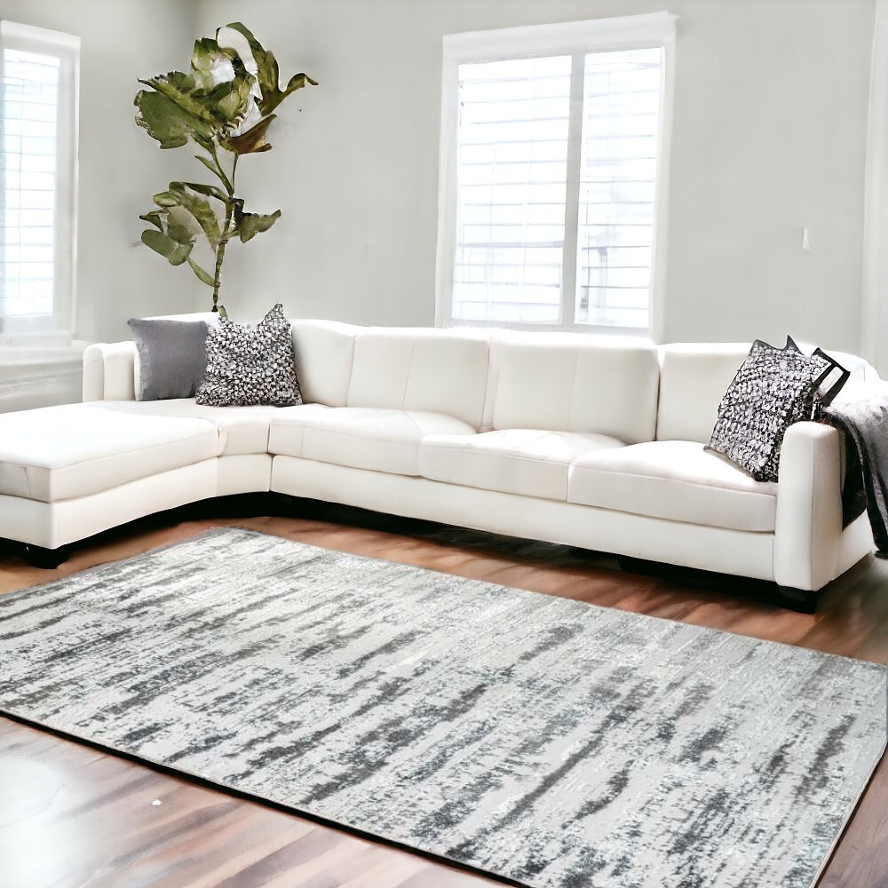 10' X 13' Black and Silver Abstract Washable Non Skid Area Rug