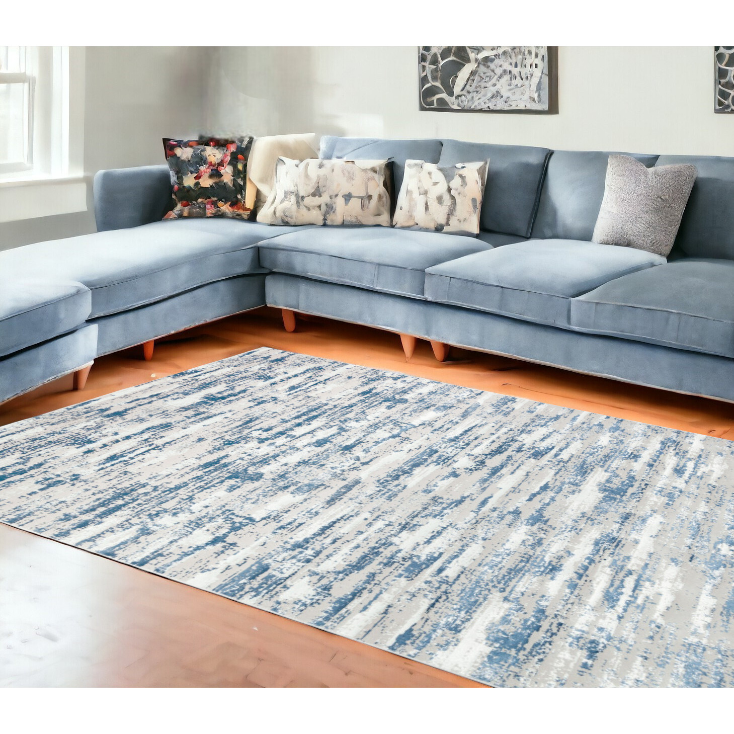 10' Blue and Ivory Abstract Washable Non Skid Area Rug