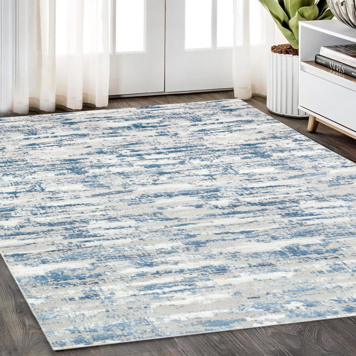 4' X 6' Blue and Ivory Abstract Washable Non Skid Area Rug