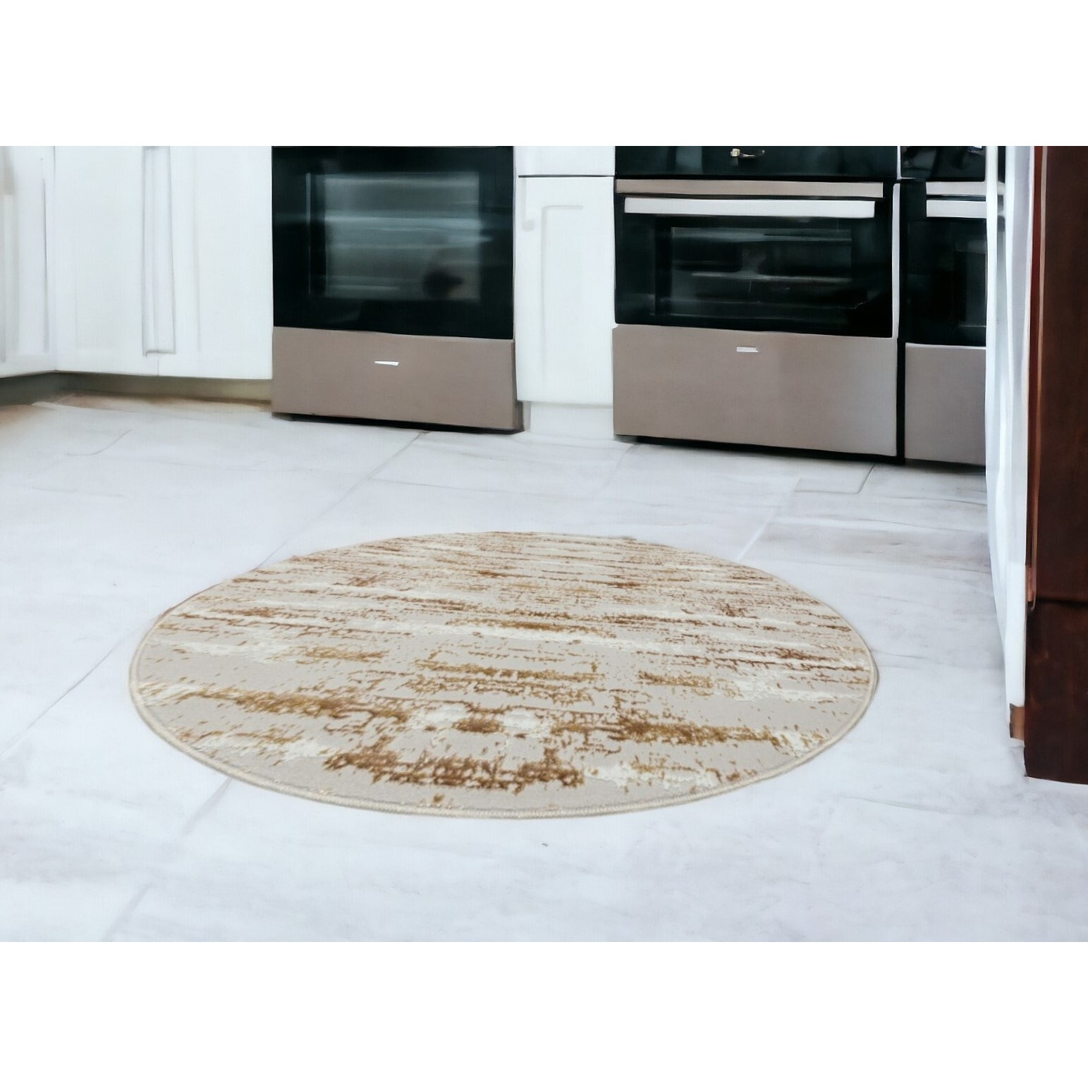 4' Gold and Ivory Round Abstract Washable Non Skid Area Rug