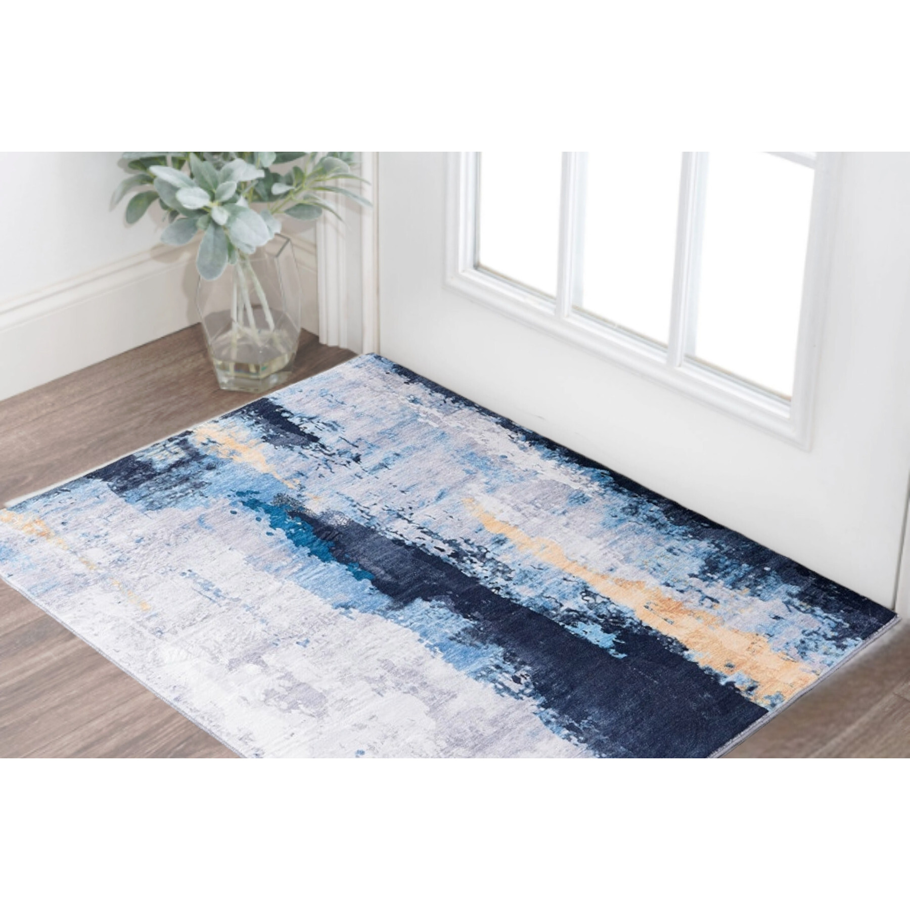 2' X 3' Blue and Yellow Abstract Printed Washable Non Skid Area Rug