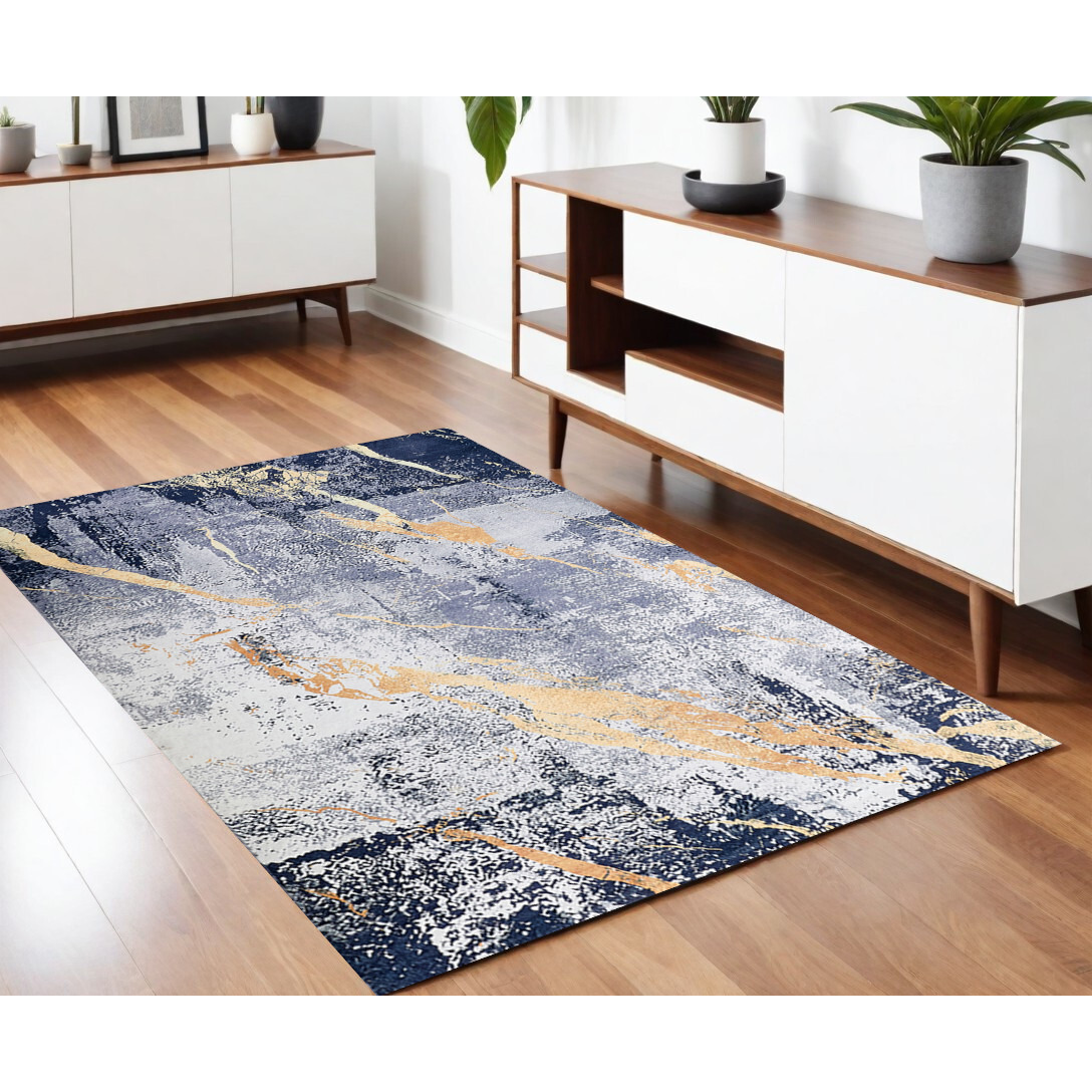 4' X 6' Blue and Yellow Abstract Shag Printed Washable Non Skid Area Rug