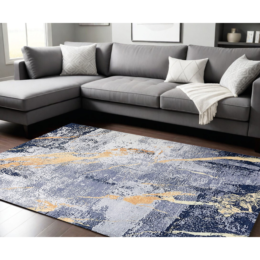 8' X 11' Blue and Yellow Abstract Shag Printed Washable Non Skid Area Rug