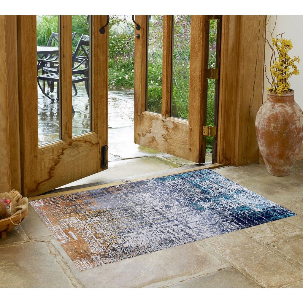 3' X 5' Blue and Silver Abstract Shag Printed Washable Non Skid Area Rug