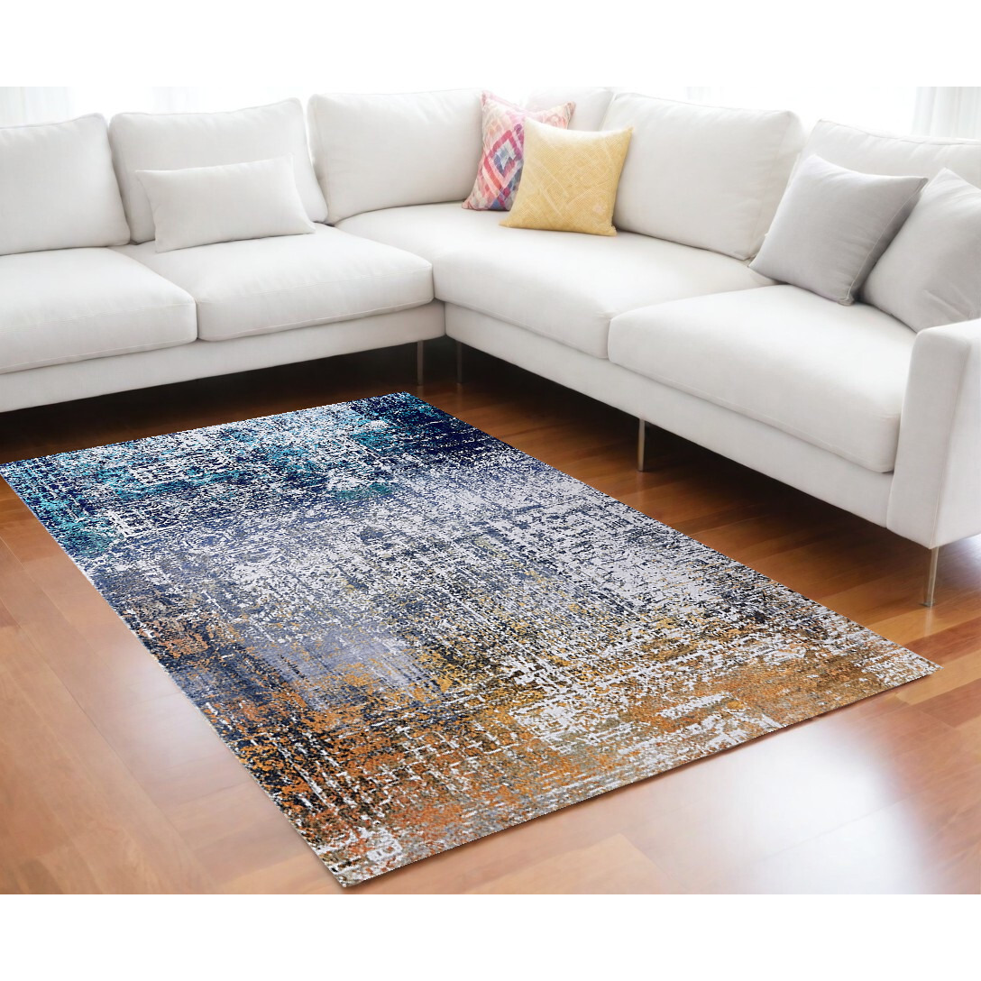 6' X 9' Blue and Silver Abstract Shag Printed Washable Non Skid Area Rug