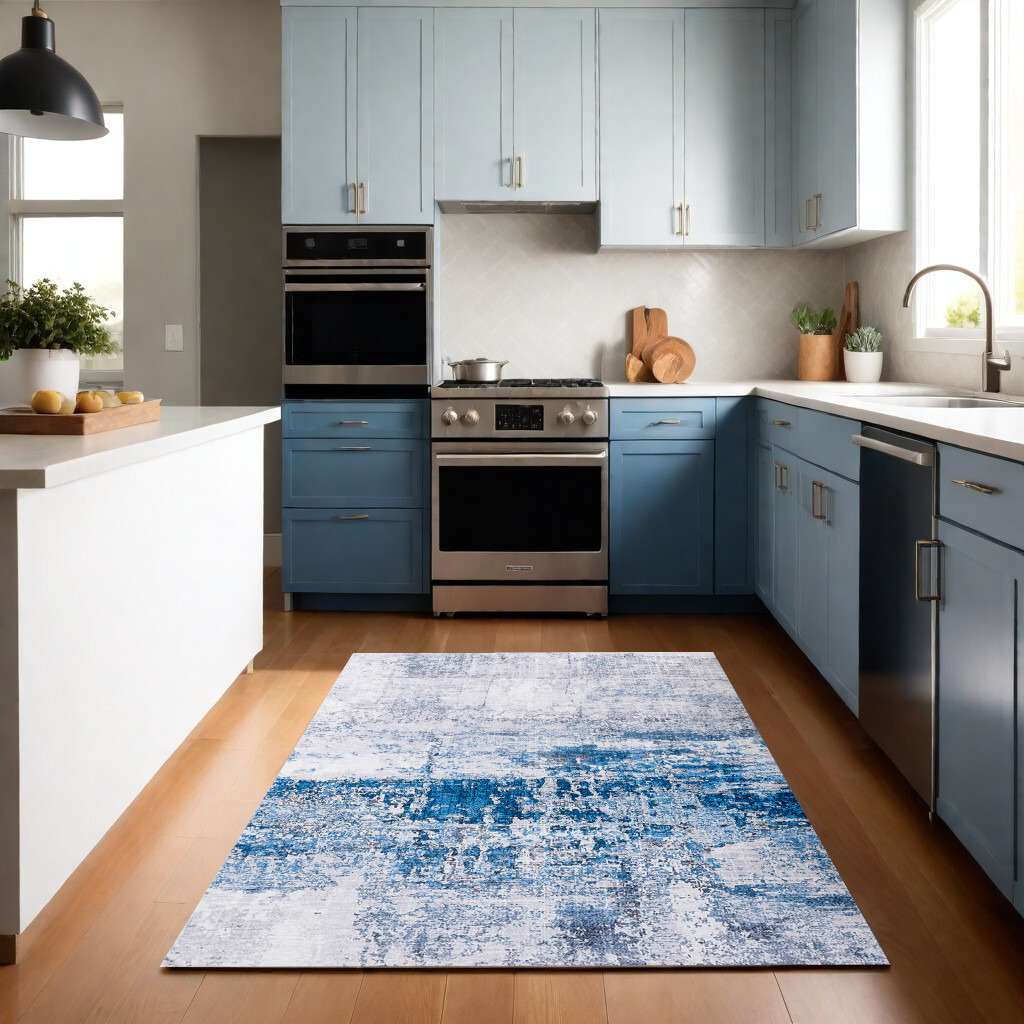 4' X 6' Gray and Blue Abstract Shag Printed Washable Non Skid Area Rug