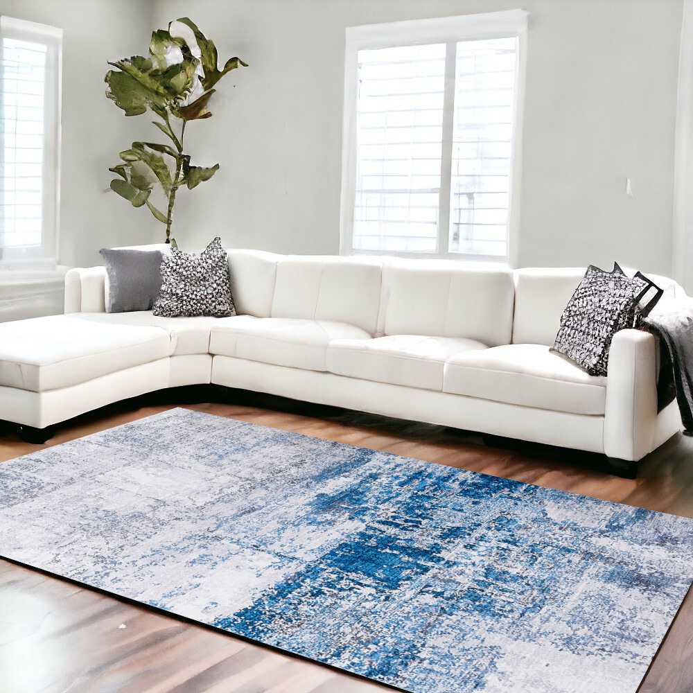 8' X 11' Gray and Blue Abstract Shag Printed Washable Non Skid Area Rug