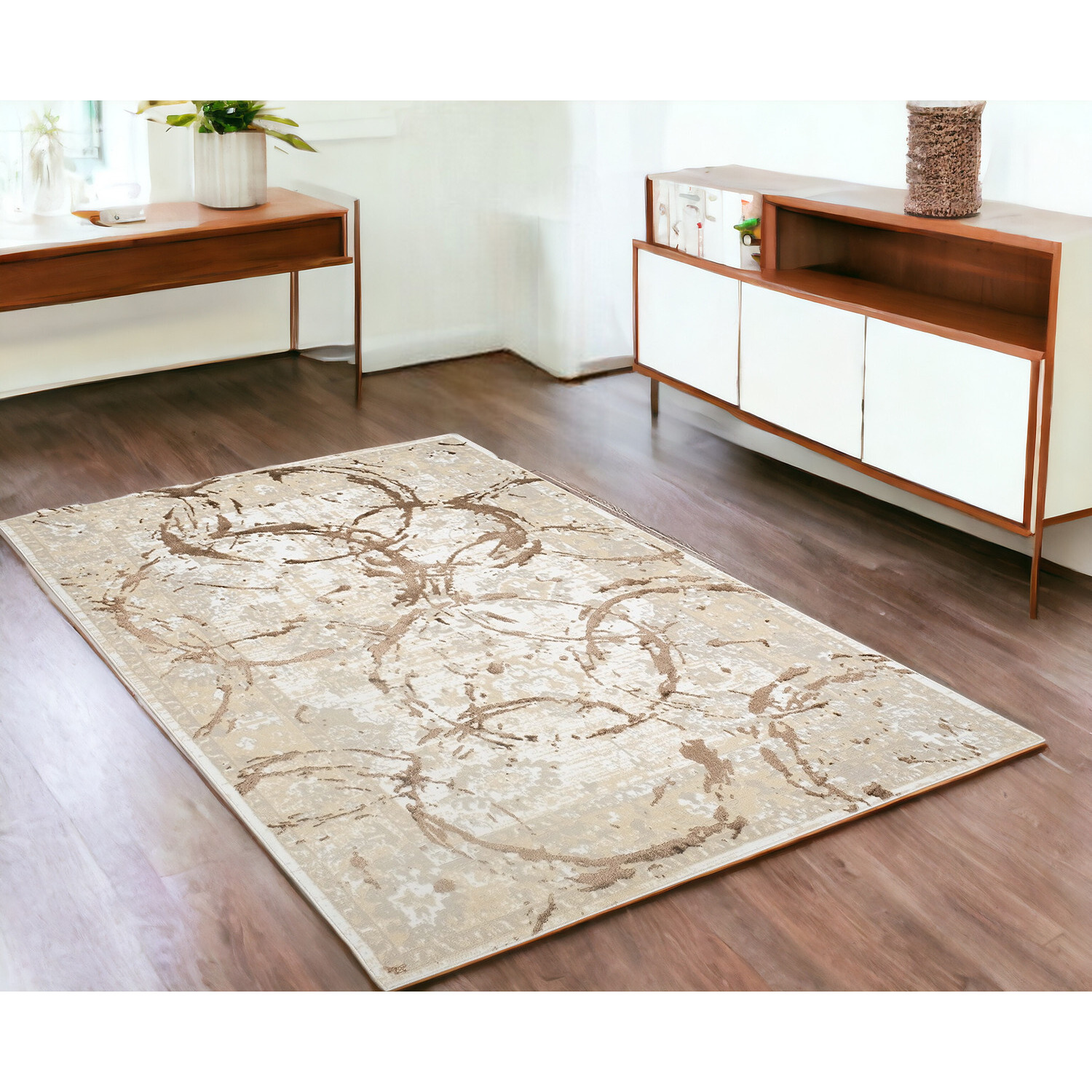 4' X 6' Beige and Gold Abstract Area Rug
