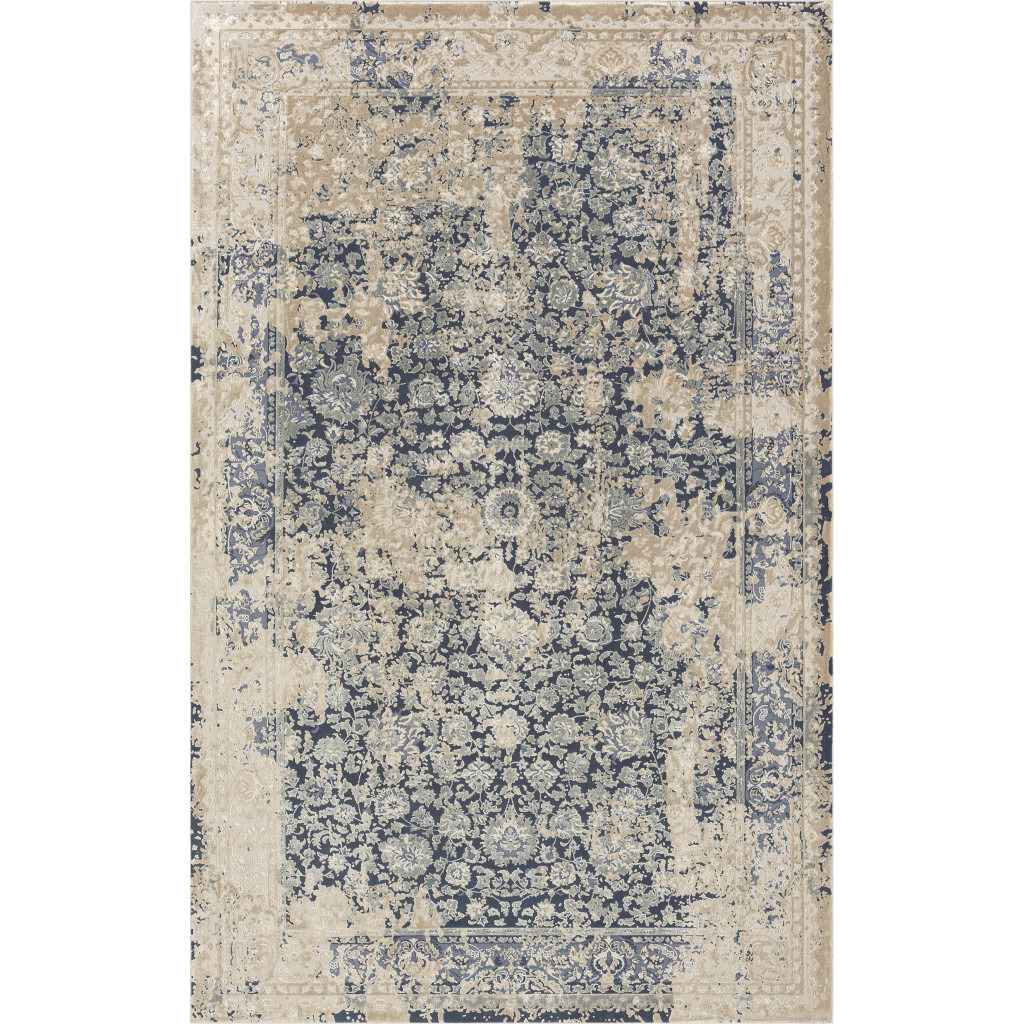 2' X 3' Blue and Ivory Floral Area Rug