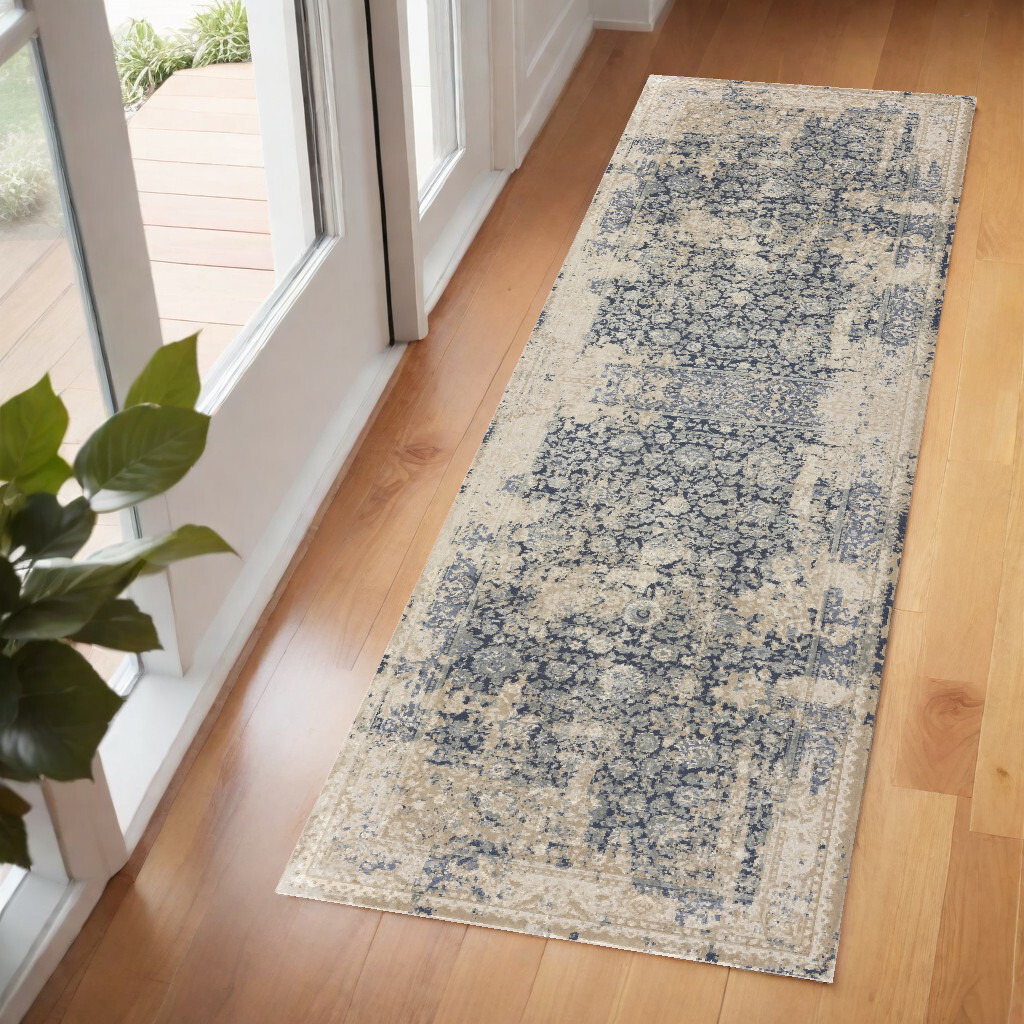 7' Runner Blue Floral Runner Rug