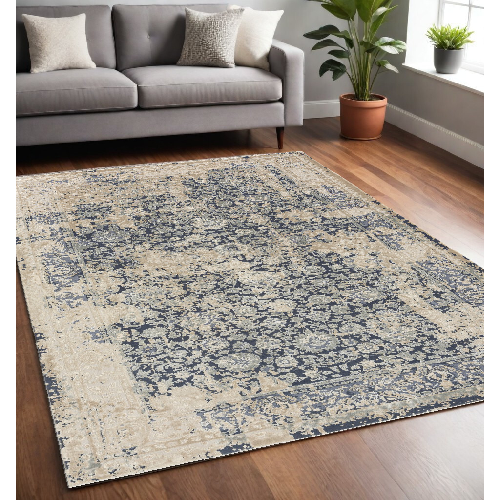 5' X 8' Blue and Ivory Floral Area Rug