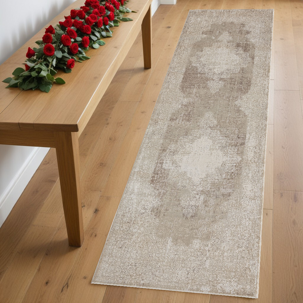 8' Runner Ivory Medallion Runner Rug