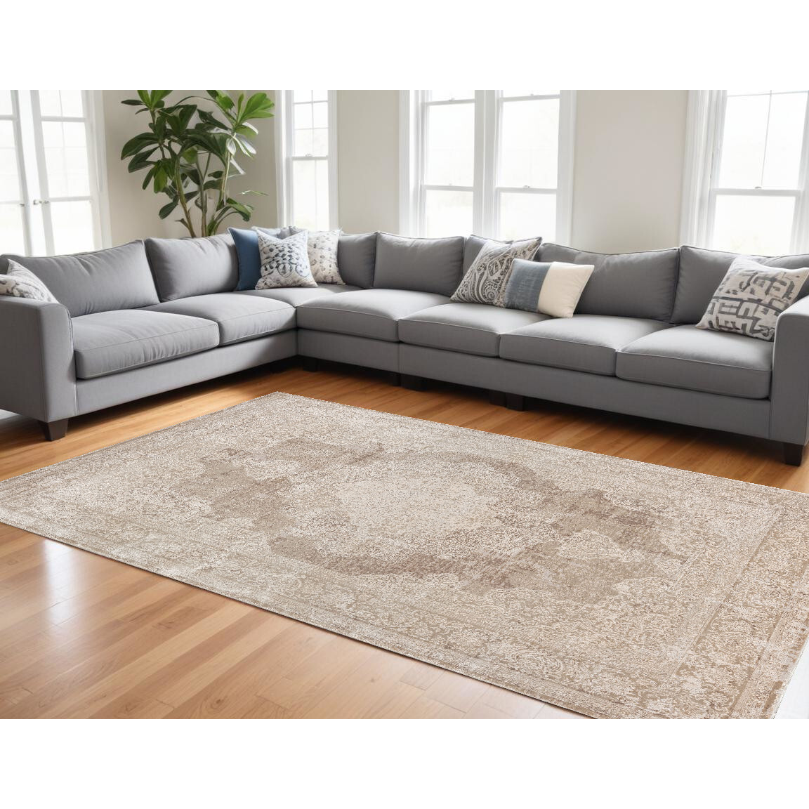 8' X 10' Beige and Ivory Medallion Area Rug