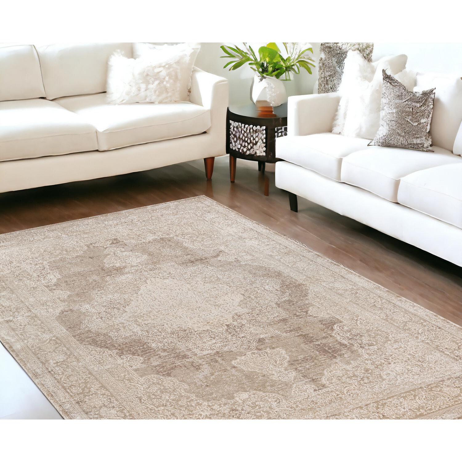 9' X 12' Beige and Ivory Medallion Area Rug