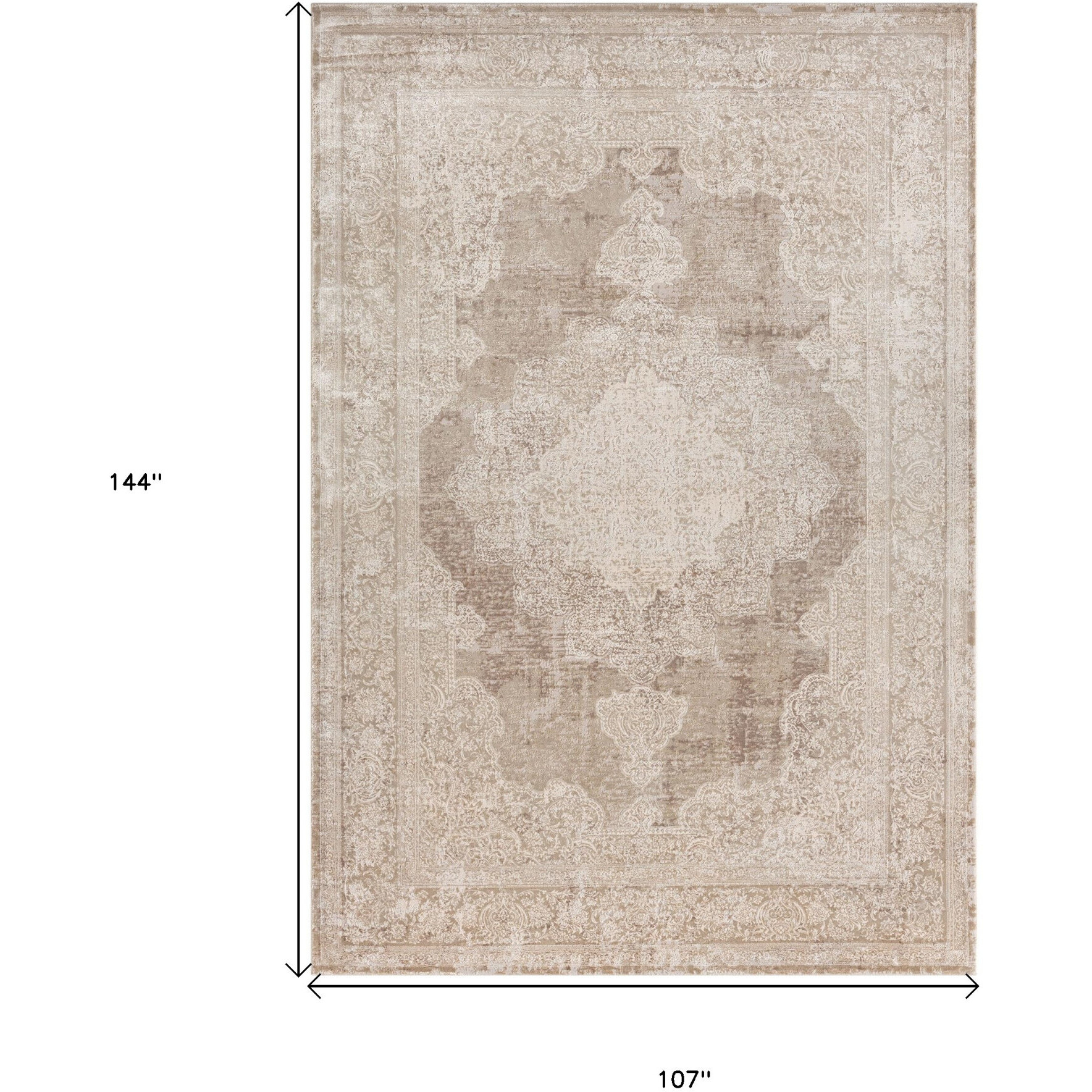 9' X 12' Beige and Ivory Medallion Area Rug