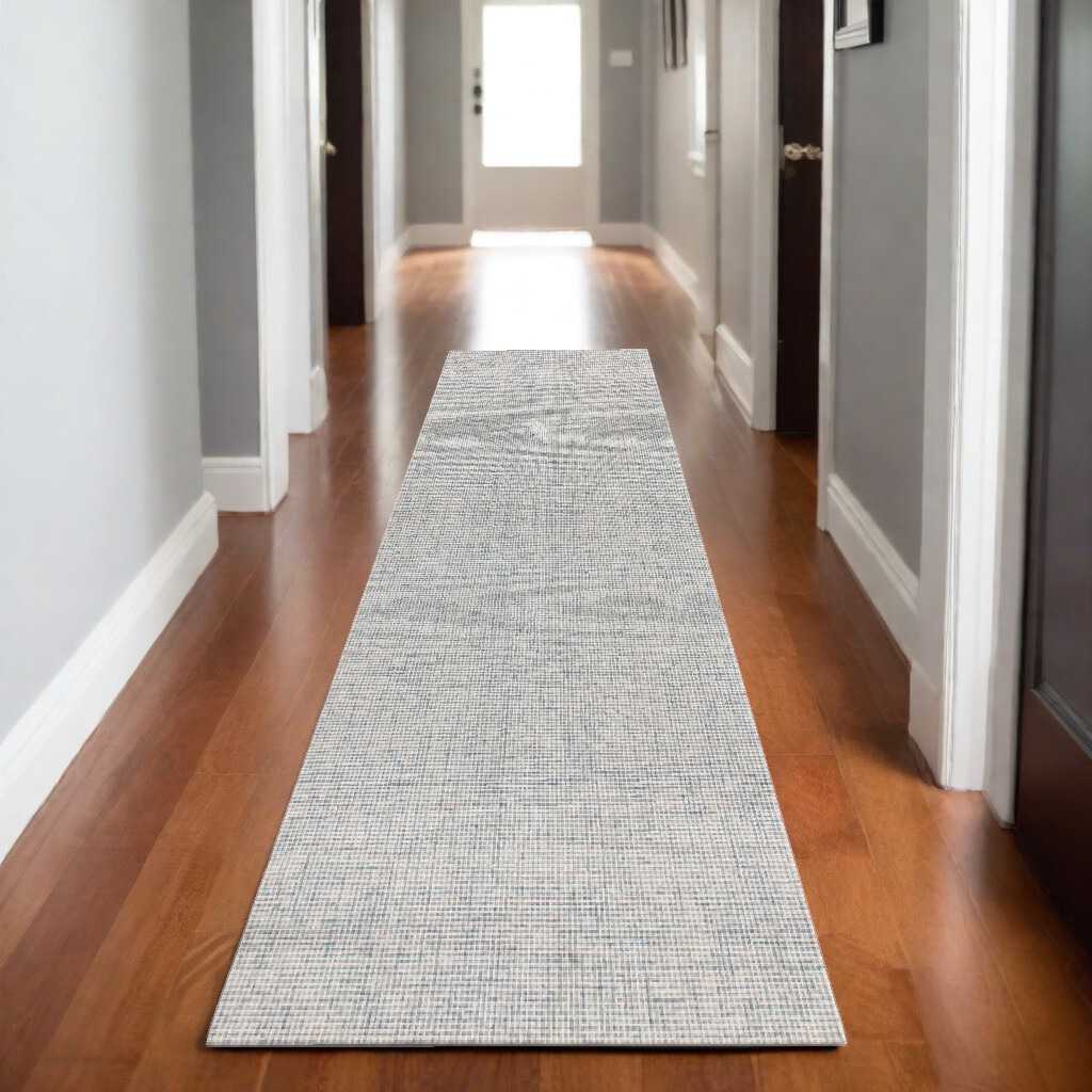 8' Runner Blue and Ivory Wool Abstract Hand Tufted Runner Rug
