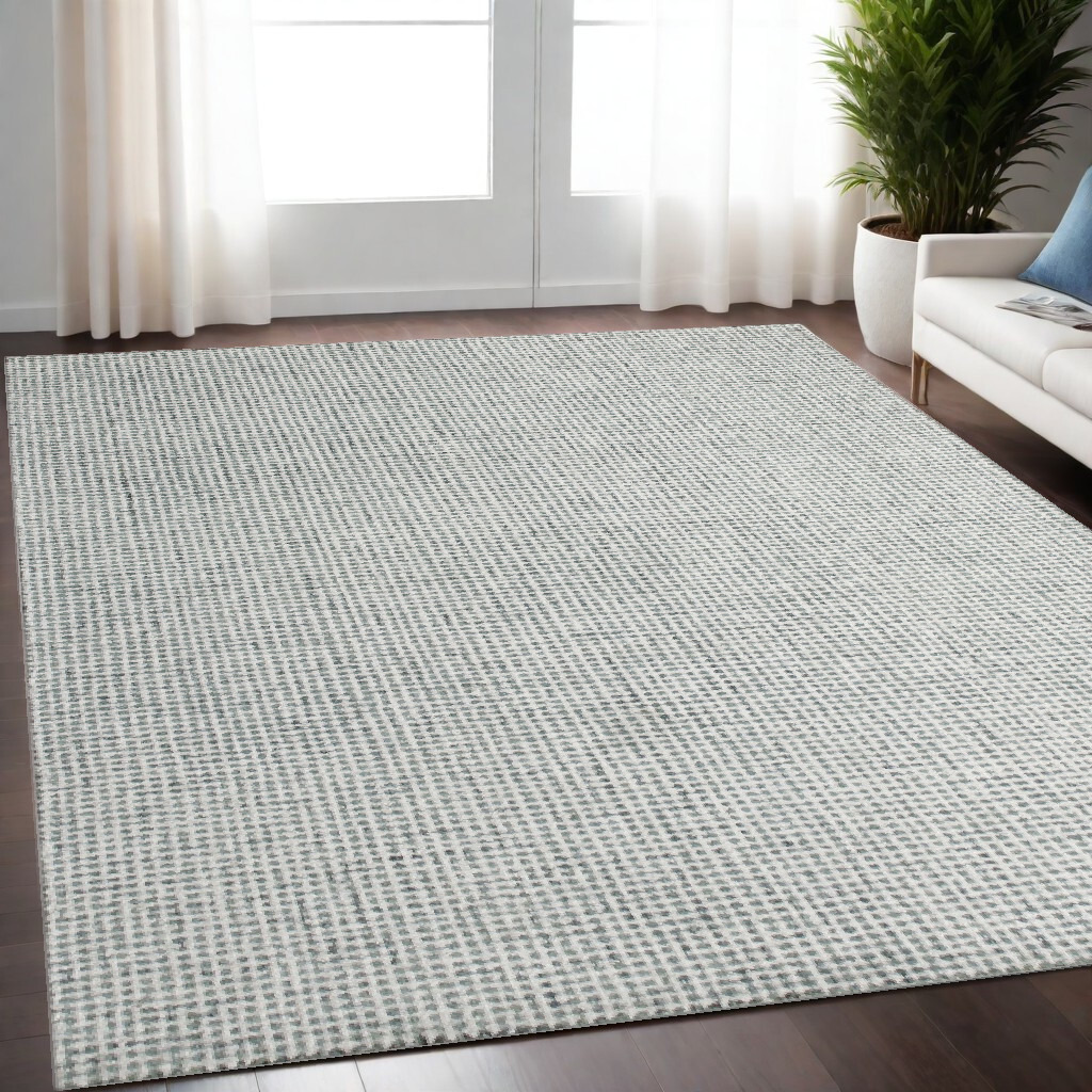 5' X 7' Green and Ivory Wool Checkered Hand Tufted Area Rug