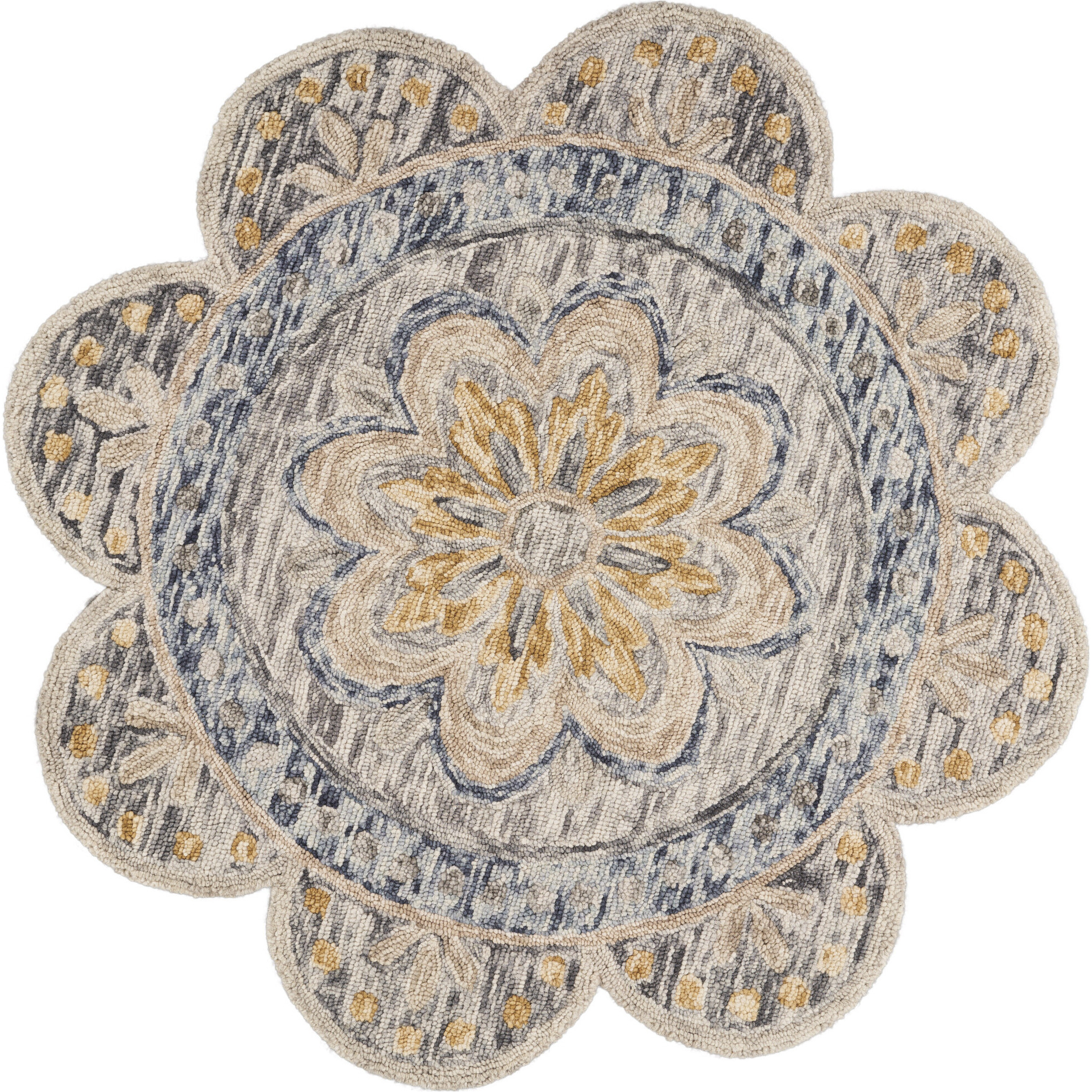6' Beige Round Wool Floral Hand Tufted Area Rug