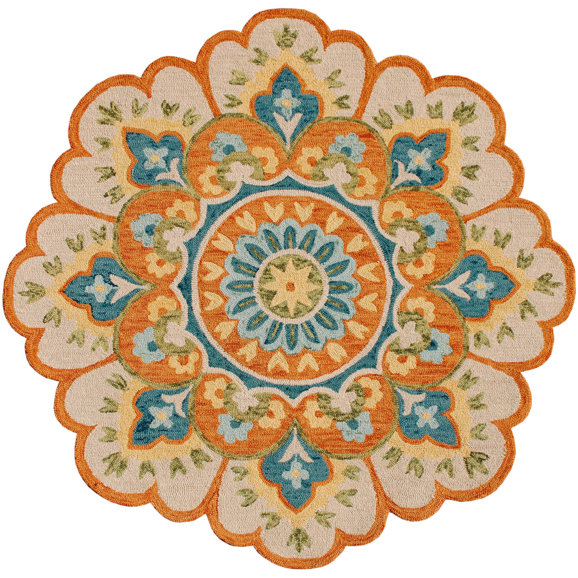 6' Orange and Blue Round Wool Floral Hand Tufted Area Rug