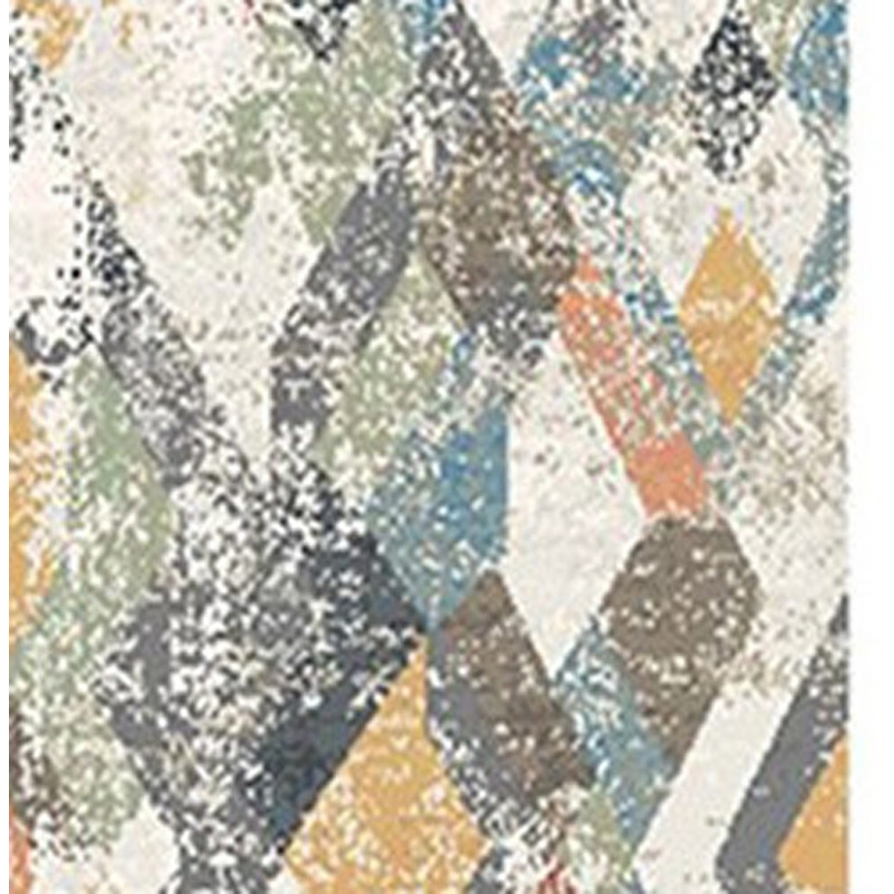 8' Beige Blue and Gray Geometric Distressed Runner Rug With Fringe