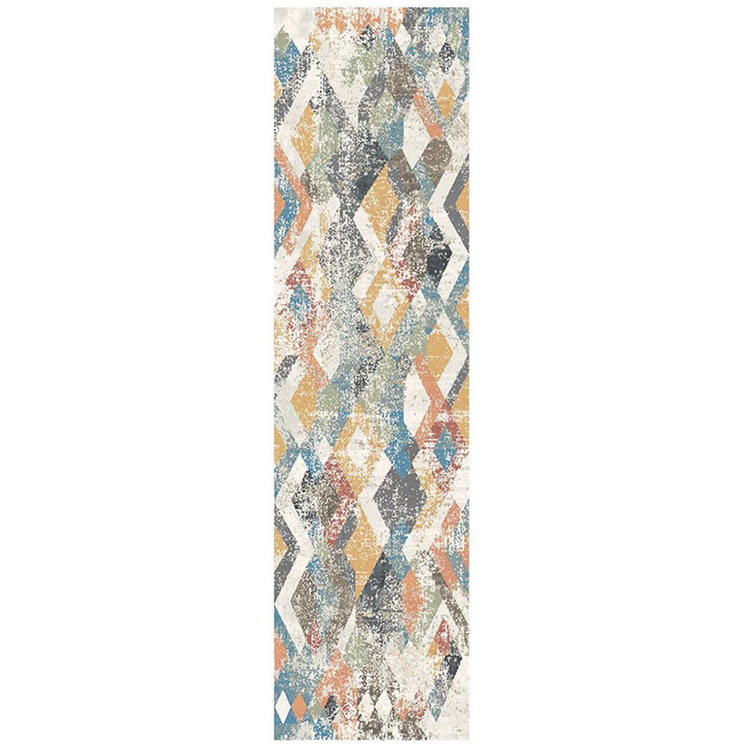 8' Beige Blue and Gray Geometric Distressed Runner Rug With Fringe