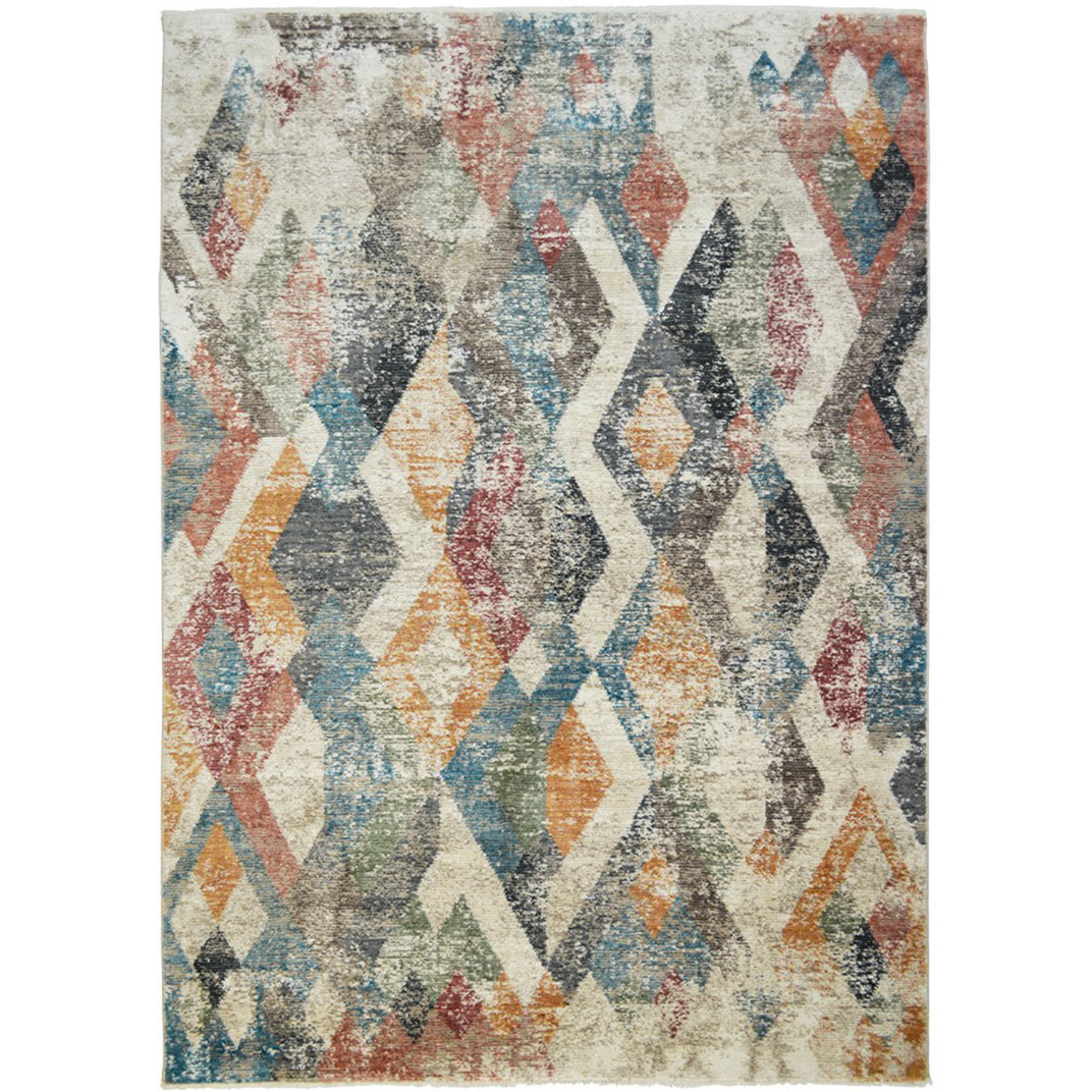8' X 10' Beige Blue and Gray Geometric Distressed Area Rug With Fringe
