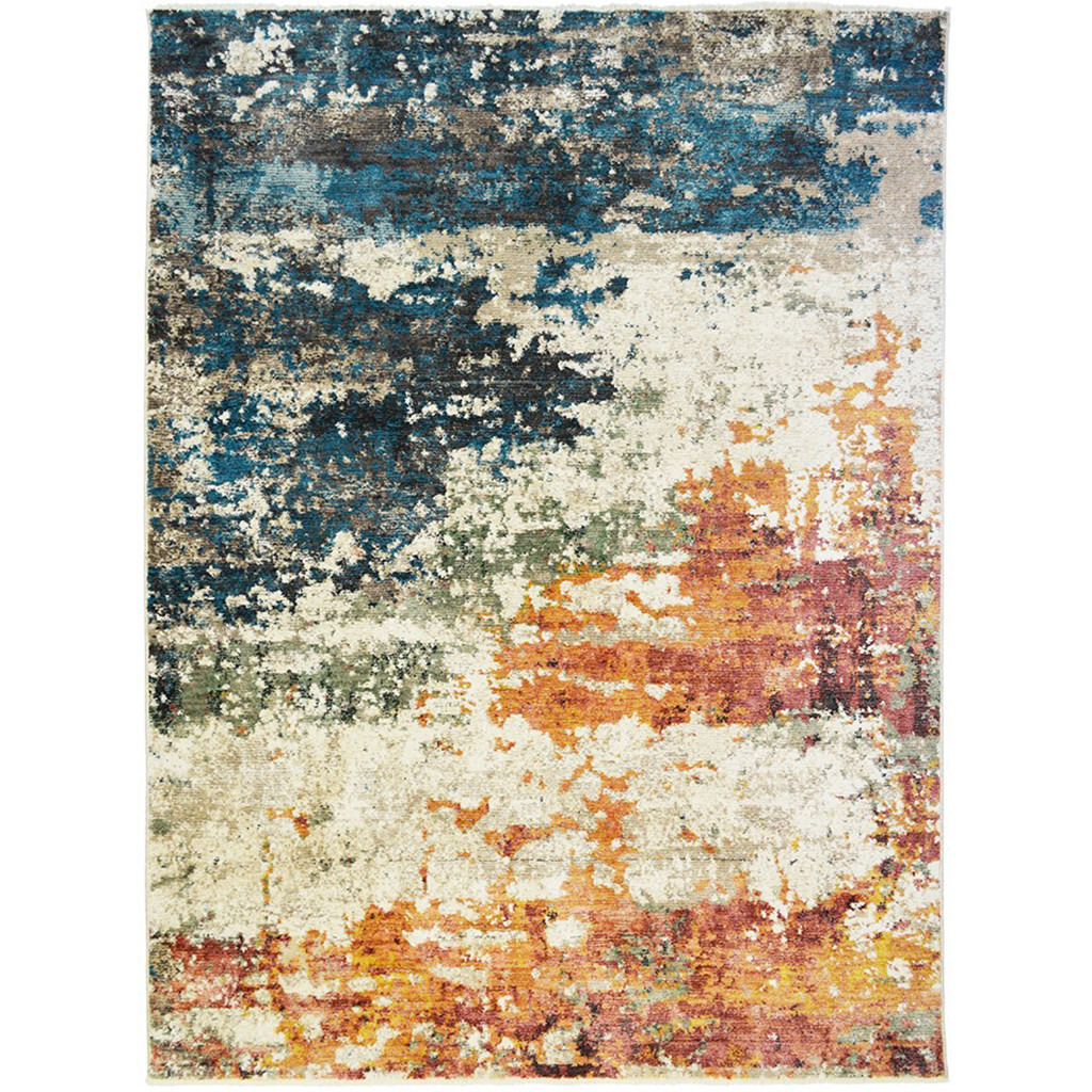 2' X 3' Beige Blue and Ivory Abstract Distressed Area Rug With Fringe