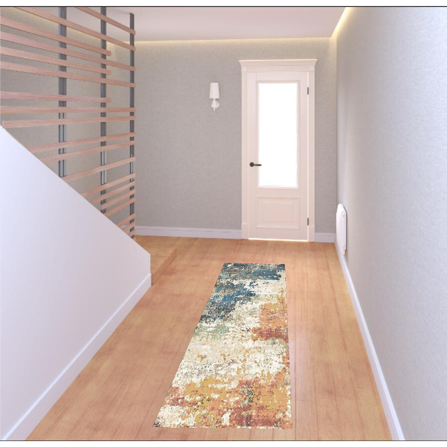 8' Beige Blue and Ivory Abstract Distressed Runner Rug With Fringe