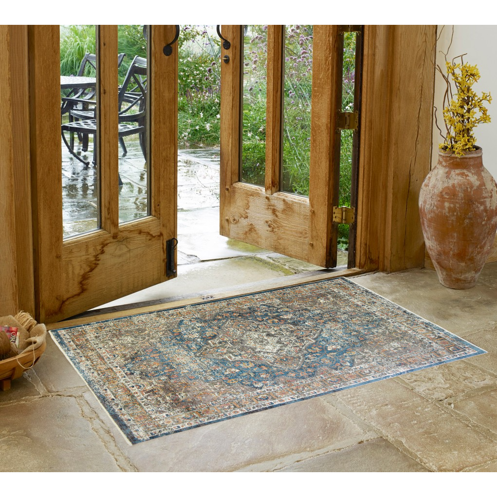 2' X 3' Blue and Brown Oriental Distressed Area Rug With Fringe
