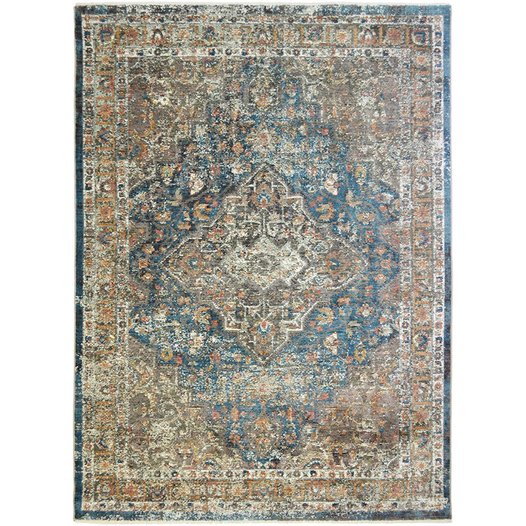 2' X 3' Blue and Brown Oriental Distressed Area Rug With Fringe
