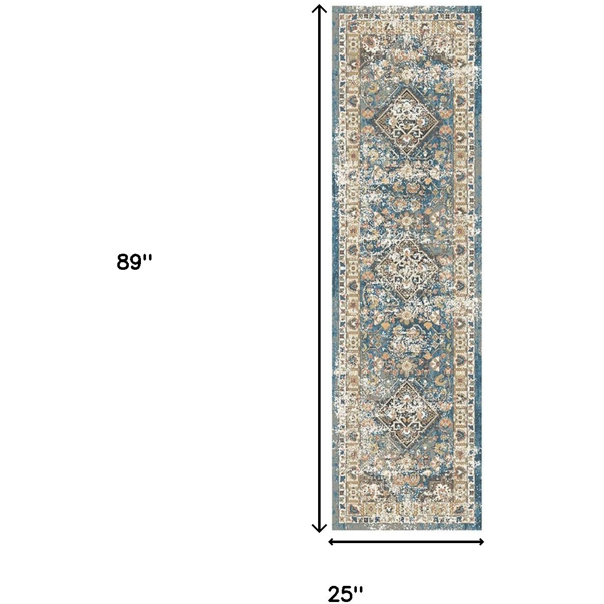 8' Blue and Brown Oriental Distressed Runner Rug With Fringe