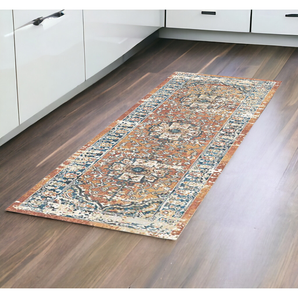 8' Rust Oriental Distressed Runner Rug With Fringe