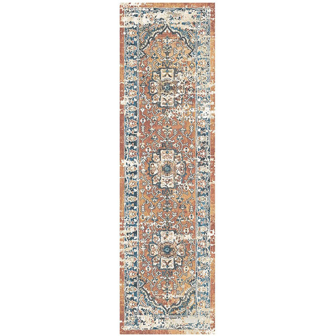 8' Rust Oriental Distressed Runner Rug With Fringe