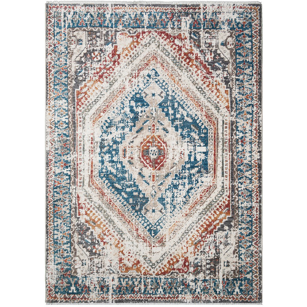 2' X 3' Teal Taupe and Rust Geometric Distressed Area Rug With Fringe