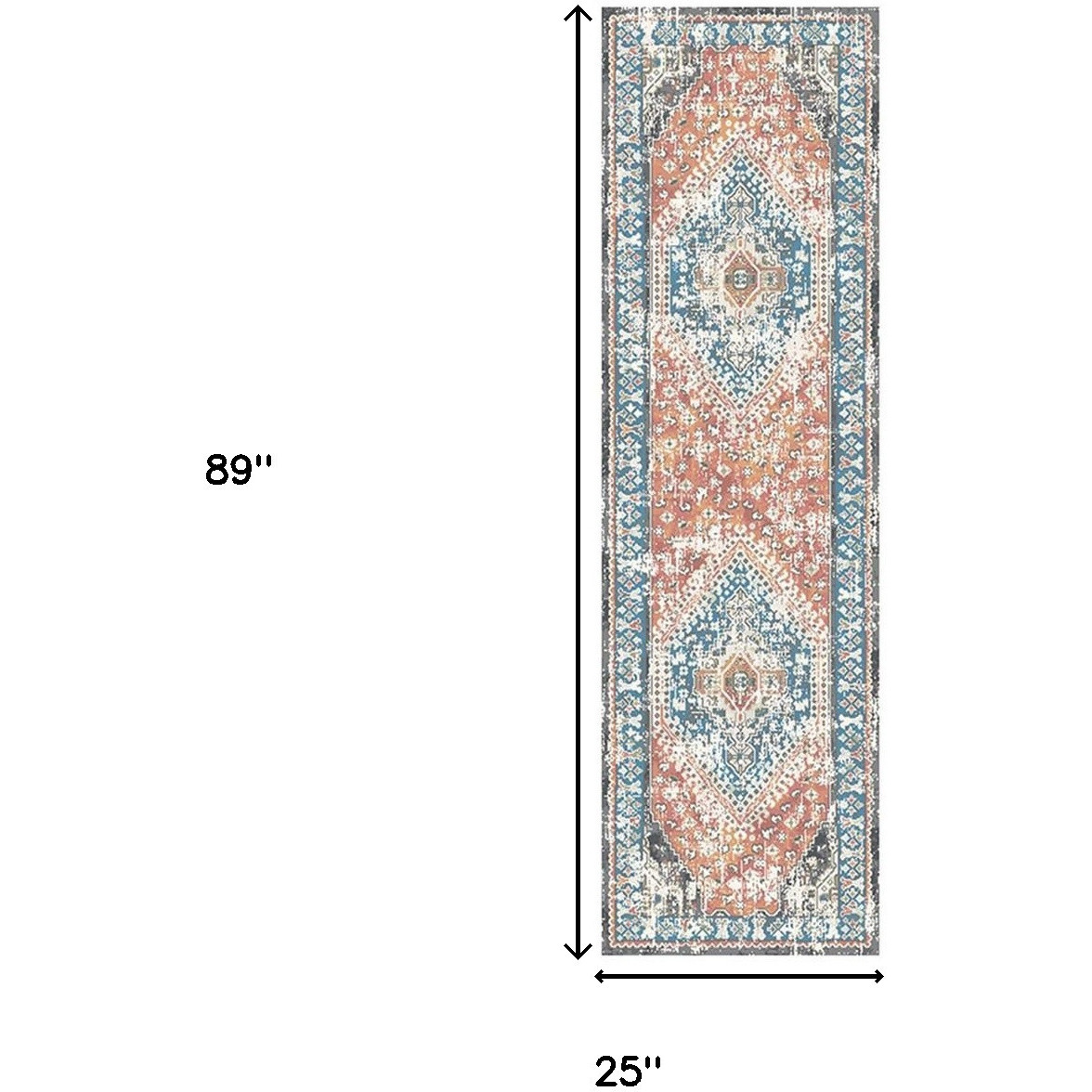 8' Teal Taupe and Rust Geometric Distressed Runner Rug With Fringe