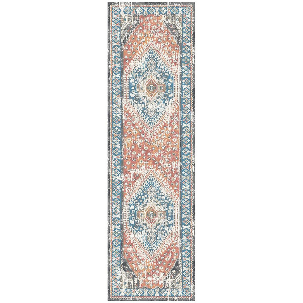 8' Teal Taupe and Rust Geometric Distressed Runner Rug With Fringe