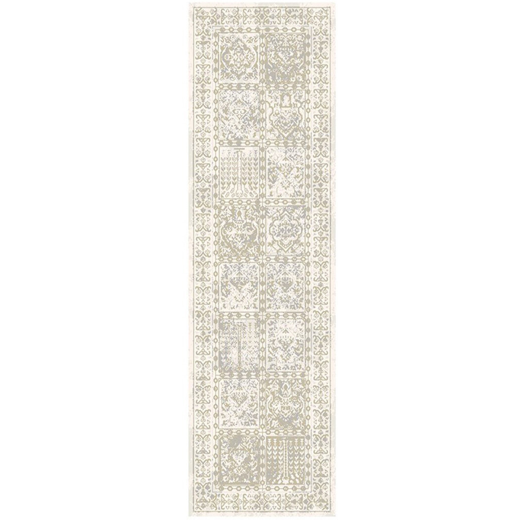 8' Ivory Oriental Distressed Runner Rug With Fringe