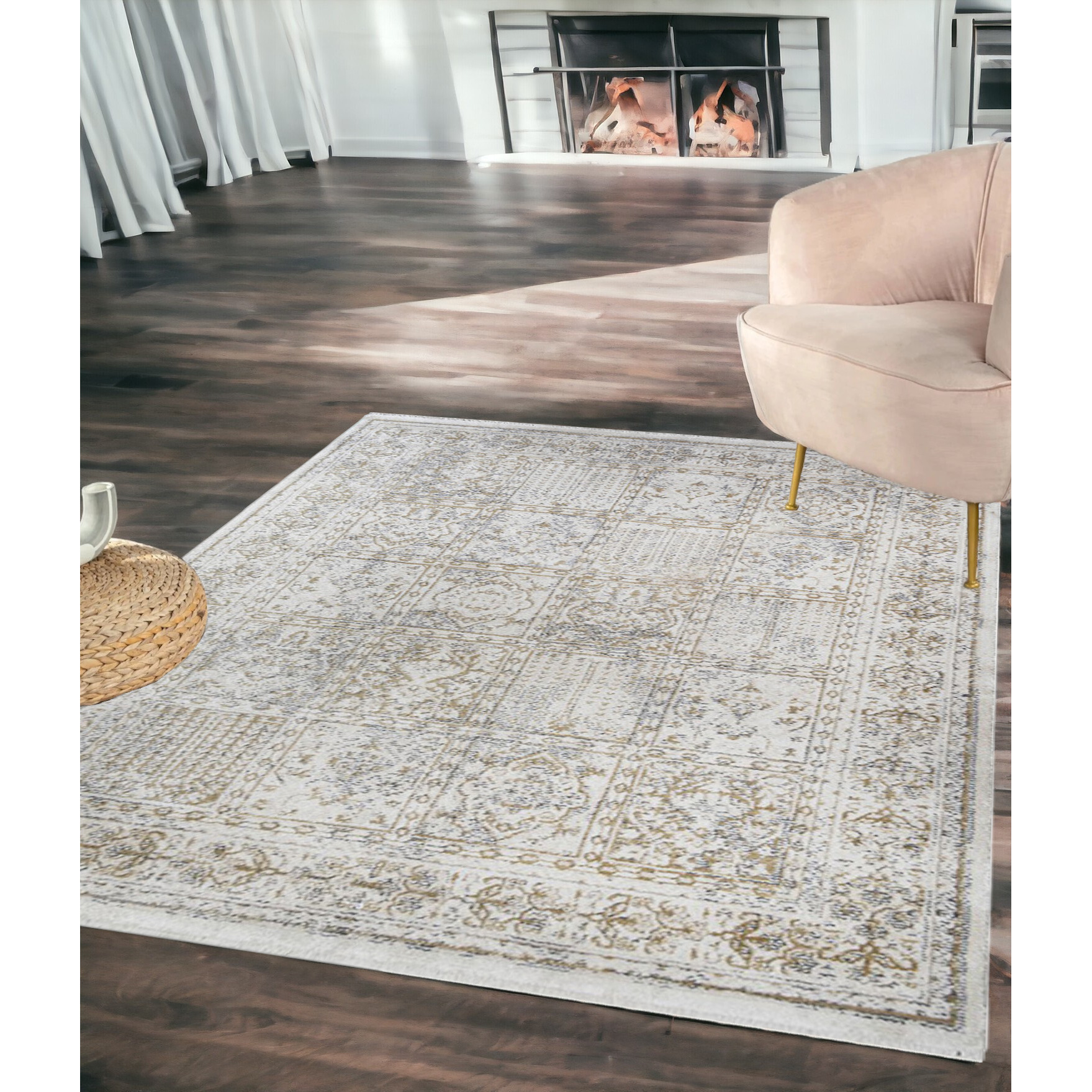 5' X 8' Ivory Oriental Distressed Area Rug With Fringe